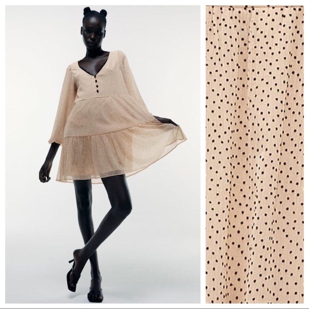 🌹NWT. Zara Cream/Black Polka Dots Mini Dress. Size S.